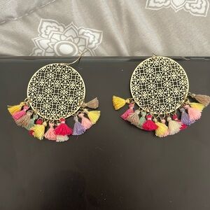 Gold Circle Dangle Earrings w/ Rainbow Tassels